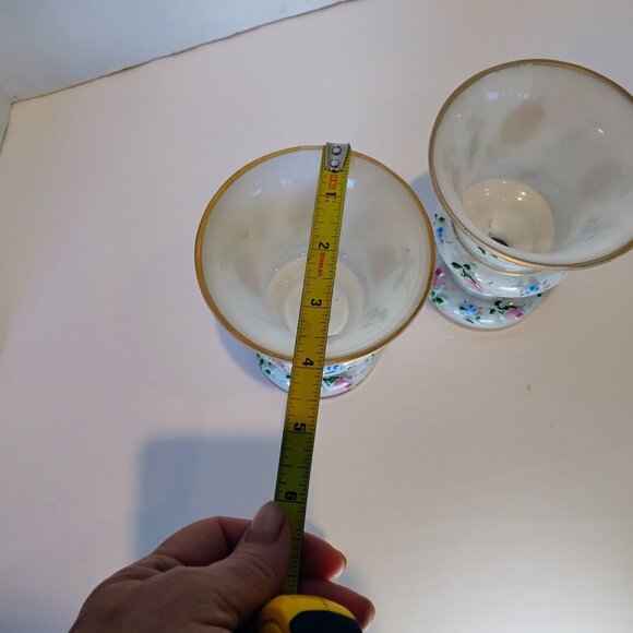 Pair Vtg BOHEMIAN CZECH Cased Glass White Painted Pink Roses Vase Set -CHIP READ - Picture 10 of 14